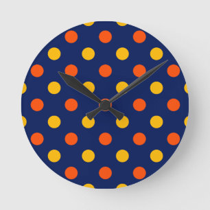 Horloge Ronde Dessin à points orange jaune sur fond bleu