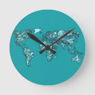 Horloge Ronde dessin bleu vert d'encre de carte du monde