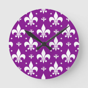 Horloge Ronde  Dessin de fleur de lis violet et blanc 