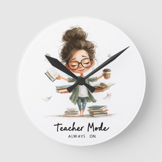 Horloge Ronde Dessin de l'enseignant mignon avec "Mode enseignan (Recto)