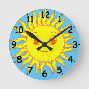 Horloge Ronde Dessin de visage de soleil heureux sur cadran rond