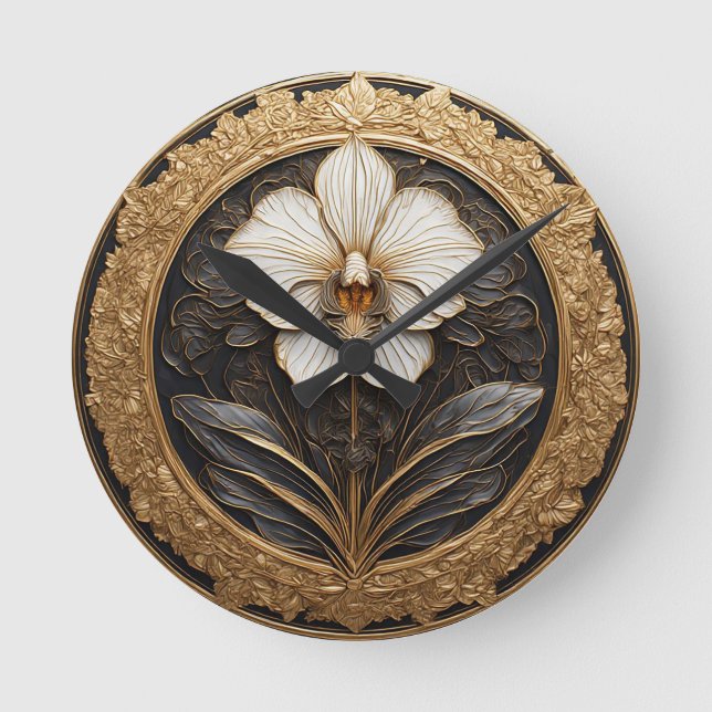 Horloge Ronde Dessin élégant d'orchidée dorée (Recto)