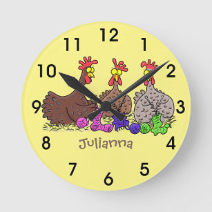 Horloge Ronde Dessin humoristique de poulets de tricot amusants
