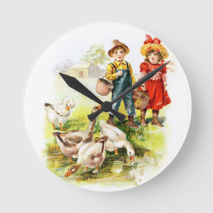 Horloge Ronde Dessin vintage : Alimentation des oies