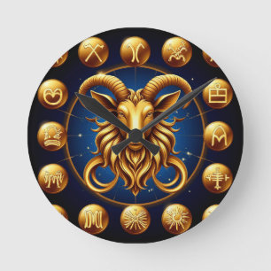 Horloge Ronde Dessin Zodiaque Capricorne Doré