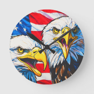 Horloge Ronde Deux aigles qui parlent - Drapeau américain et aig