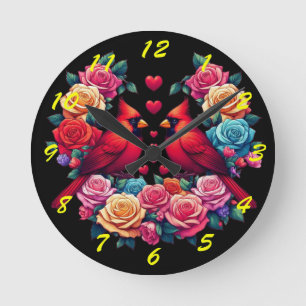 Horloge Ronde Deux cardinaux aux Roses et aux coeurs colorés