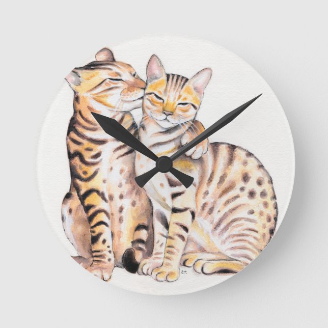 Horloge Ronde Deux chats du Bengale Aquarelle Art (Recto)