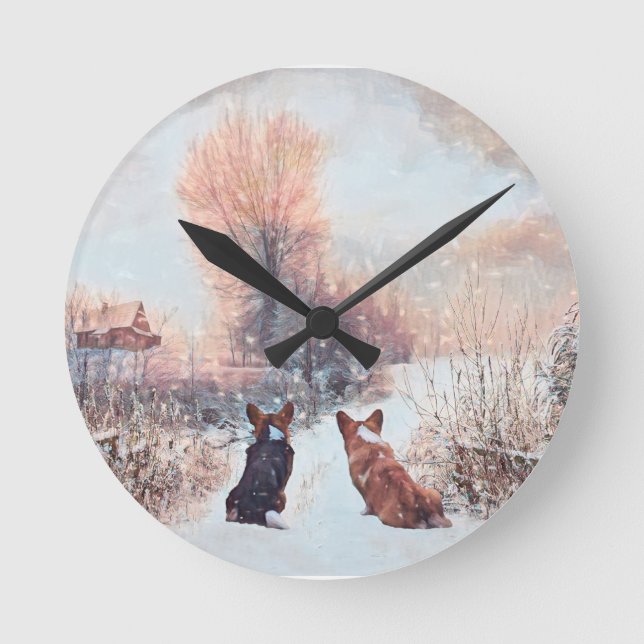 Horloge Ronde Deux Corgis gallois en première neige (Recto)