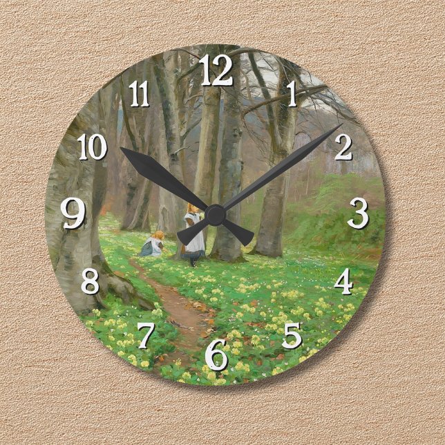 Horloge Ronde Deux filles cueillant des fleurs dans la forêt de  (Créateur téléchargé)