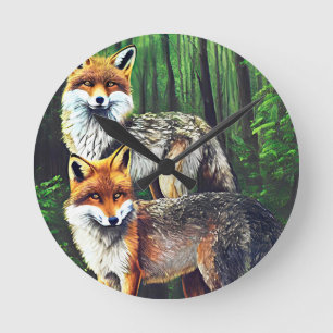 Horloge Ronde deux jeunes Foxes animal nature faune art