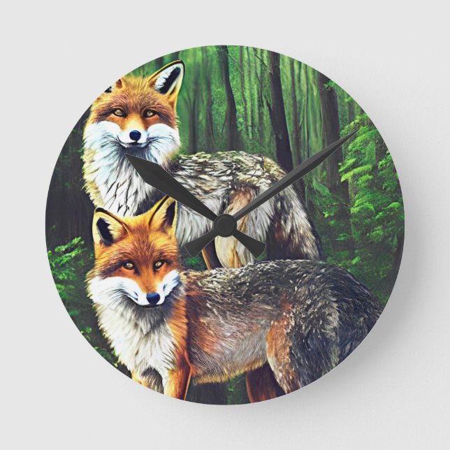 Horloge Ronde deux jeunes Foxes animal nature faune art (Recto)