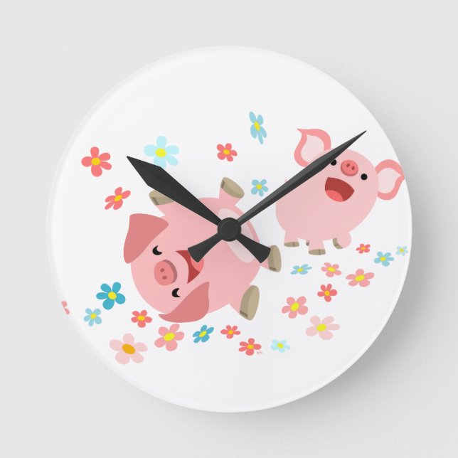 Horloge Ronde Deux mignons cochons de dessin dans l'horloge mura (Recto)