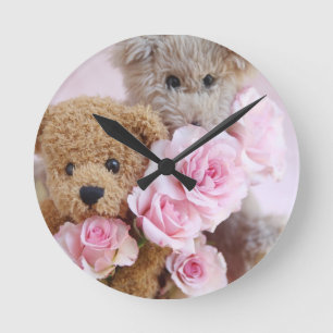 Horloge Ronde deux nounours tenant l'horloge rose