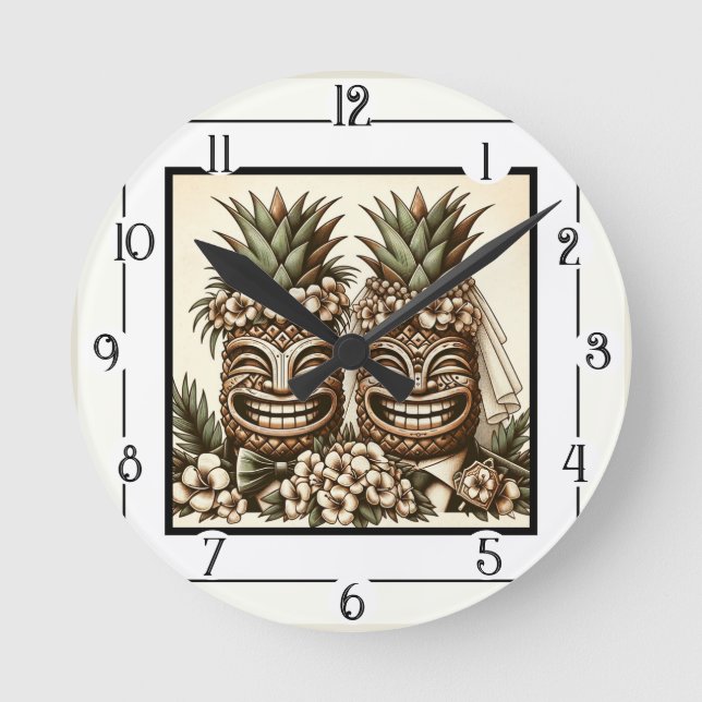 Horloge Ronde Deux pièces Gay Ananas Tiki Head Mariage rétro (Recto)