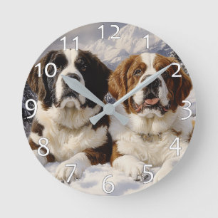 Horloge Ronde Deux Saint Bernards en neige