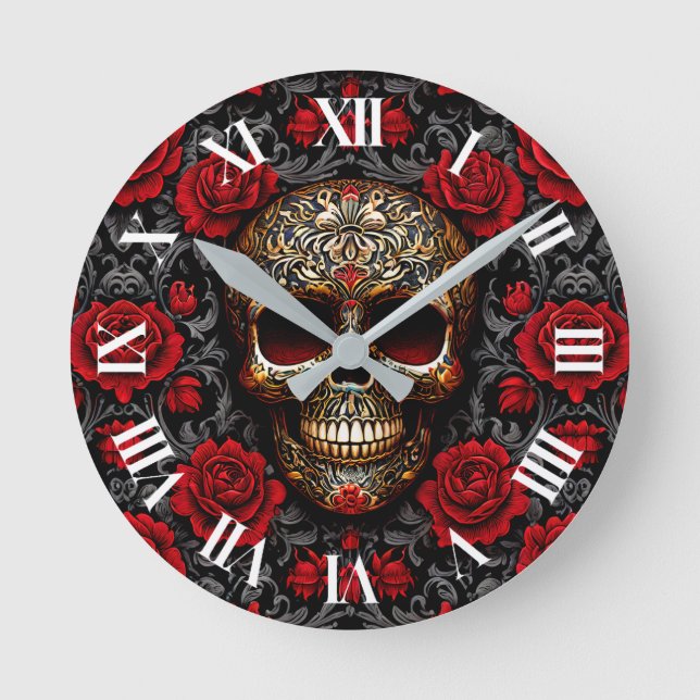 Horloge Ronde Dia de los Muertos crâne et roses rouges (Recto)