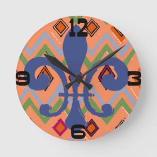Horloge Ronde Diamants Colorés Fleur De Lis Bleu