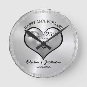 Horloge Ronde Diamants d'argent et Anniversaire du Mariage de co