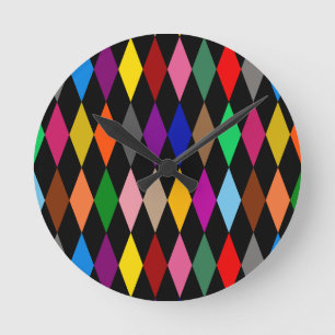 Horloge Ronde Diamants Harlequin Colorés Design Noir