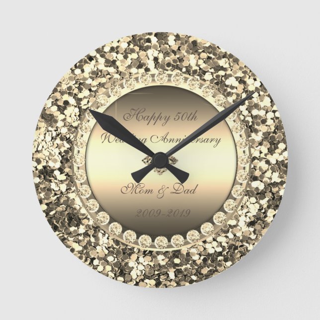 Horloge Ronde Diamants Pailletés Or  50e Anniversaire de Mariage (Recto)