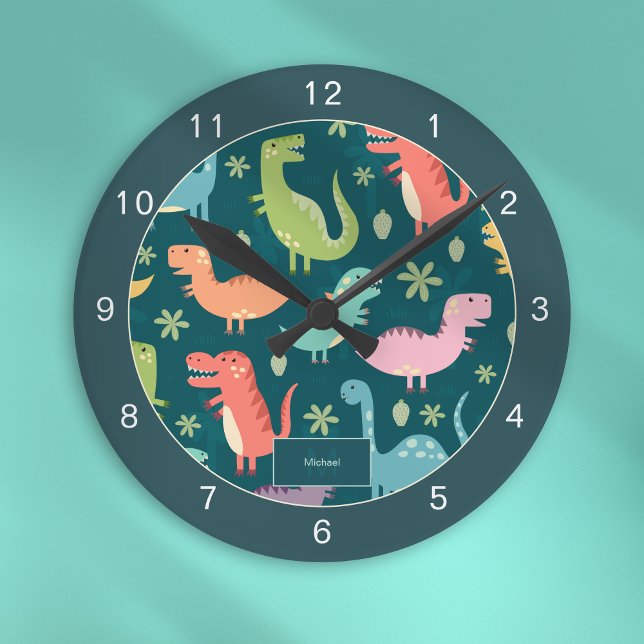 Horloge Ronde Dinosaure Motif Bleu Monogramme Enfant Garçon (Créateur téléchargé)