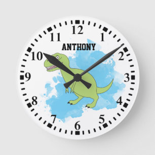 Horloge Ronde Dinosaure personnalisé avec aquarelle bleue