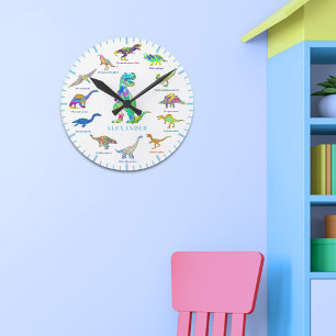 Horloge Ronde Dinosaures aux noms colorés Personnalisé Bleu