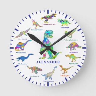 Horloge Ronde Dinosaures avec des noms colorés bleu