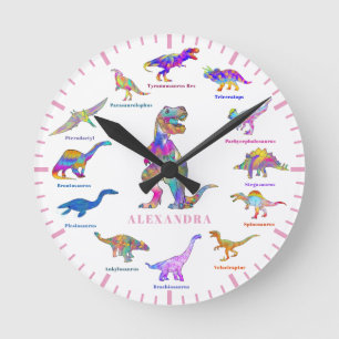 Horloge Ronde Dinosaures colorés avec des noms