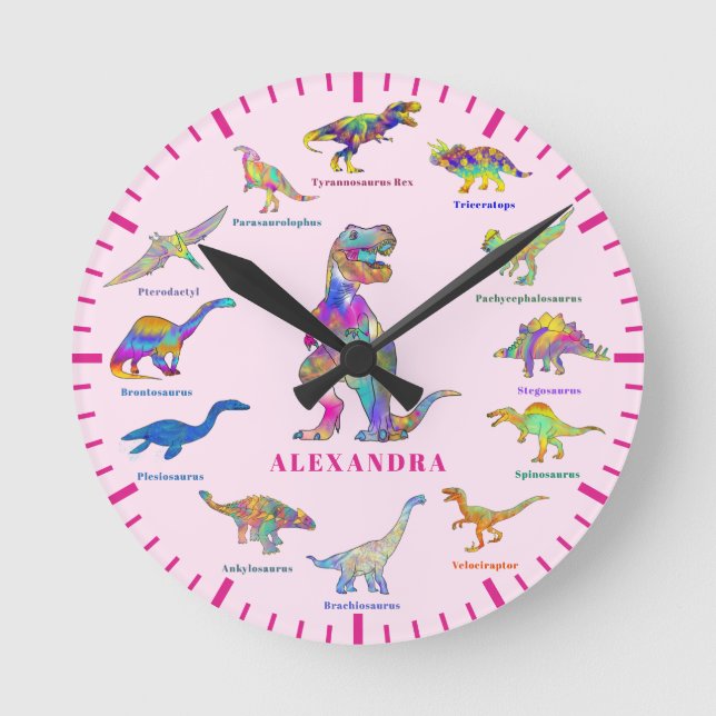 Horloge Ronde Dinosaures mignons avec des noms rose (Recto)