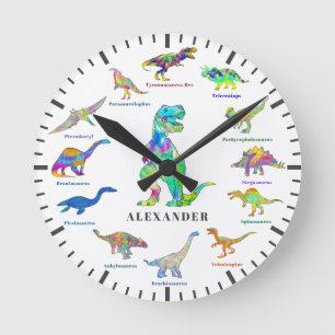 Horloge Ronde Dinosaures mignons avec noms personnalisés colorés