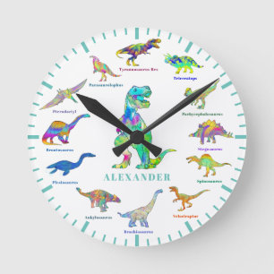 Horloge Ronde Dinosaures with NOM colorful Personalized Teal