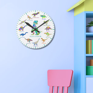 Horloge Ronde Dinosaures with NOM colorful Personalized Teal