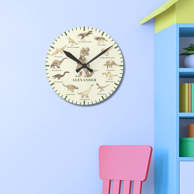 Horloge Ronde Dinosaurs with name Personalized (Dinosaurs with names custom wall clock T-Rex, velociraptor, brontosaurus pterodactyl stegosaurus )