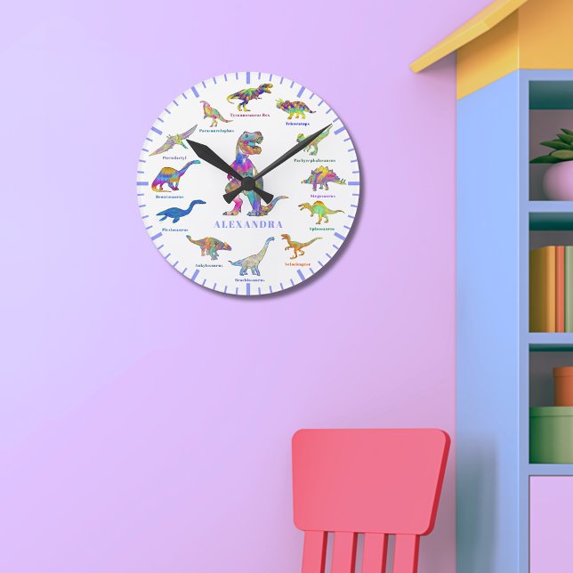 Horloge Ronde Dinosaurs with name Personalized (Colorful dinosaurs with names personalized girls dino wall clock)