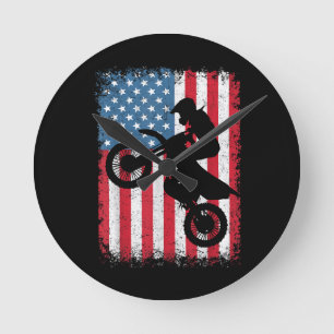 Horloge Ronde Dirt Vélo Drapeau Américain Motocross Vélo Hommes 