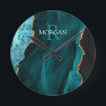 Horloge Ronde DIY Monogram & Name, Black Gold & Teal Agate<br><div class="desc">Personalize with your Monogram and Name In White and Dark Teal text on black,  gold and teal agate. Click “Customize” to change colors and type styles.</div>
