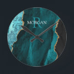 Horloge Ronde DIY Monogram & Name, Black Gold & Teal Agate<br><div class="desc">Personalize with your Monogram and Name In White and Dark Teal text on black,  gold and teal agate. Click “Customize” to change colors and type styles.</div>
