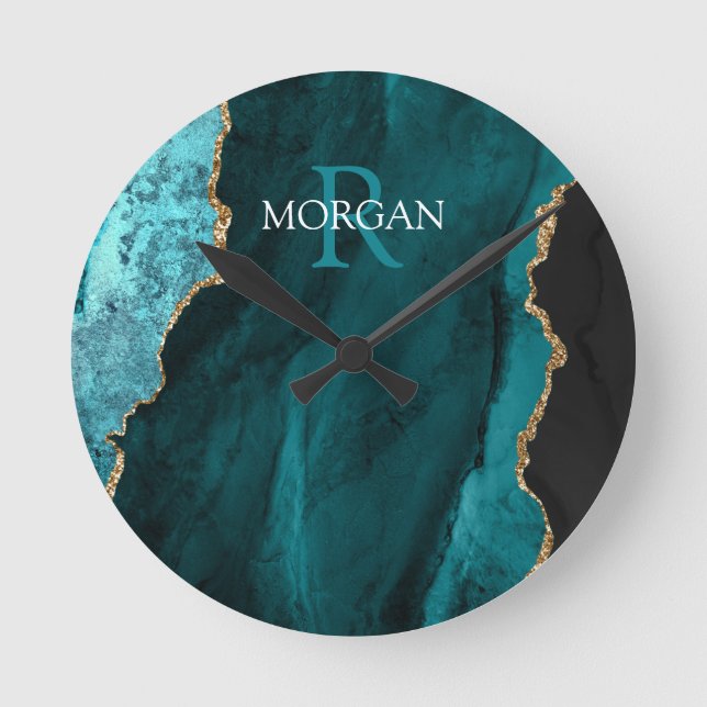Horloge Ronde DIY Monogram & Name, Black Gold & Teal Agate (Recto)