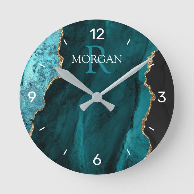 Horloge Ronde DIY Monogram & Name Black Gold Teal Agate, Numbers (Recto)
