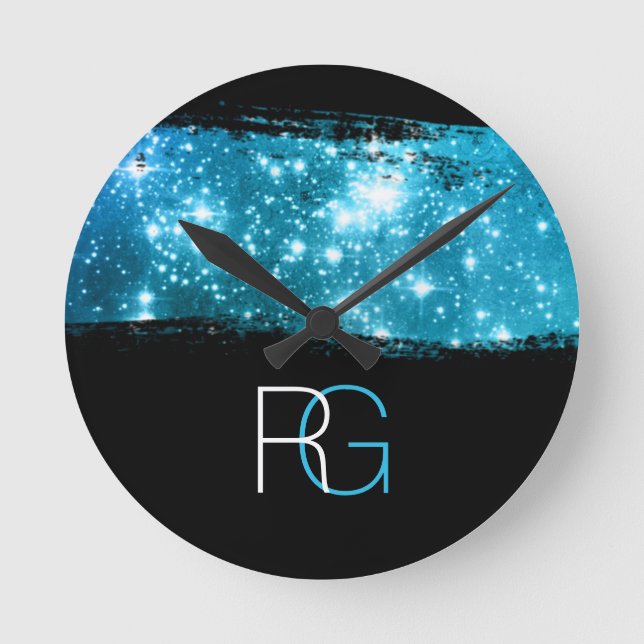 Horloge Ronde do-it-yourself Monogramme blanc & bleu, Brosse de  (Recto)