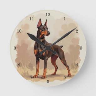 Horloge Ronde Dobermann Pinscher Chien Marron Rouille Rouge