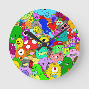 Horloge Ronde Doodle de Monstre Enjoué