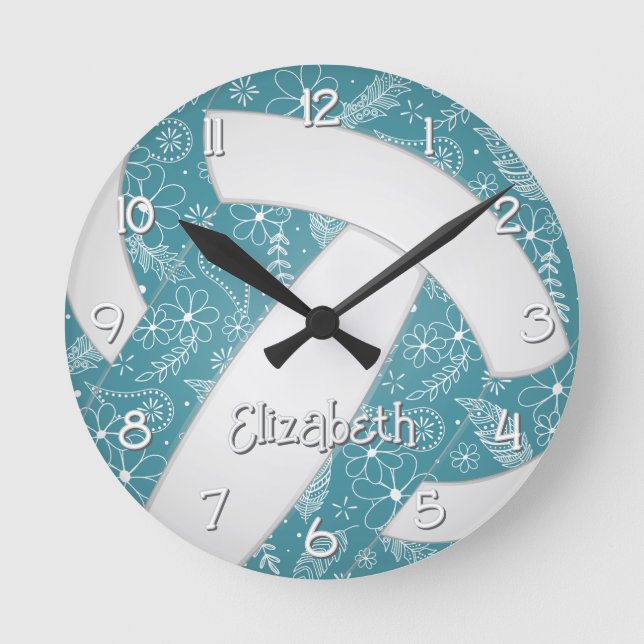 Horloge Ronde doodle fleuri motif boho sport volley-ball turquoi (Recto)