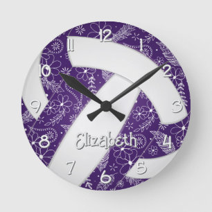Horloge Ronde doodle plumes fleurs violet boho volleyball