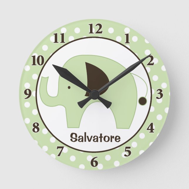 Horloge Ronde Dottie Elephant Personalized Wall Clock (Green) (Recto)