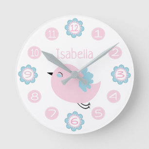 Horloge Ronde Douce Fleur Rose et Bleue et Oiseau Personnalisé