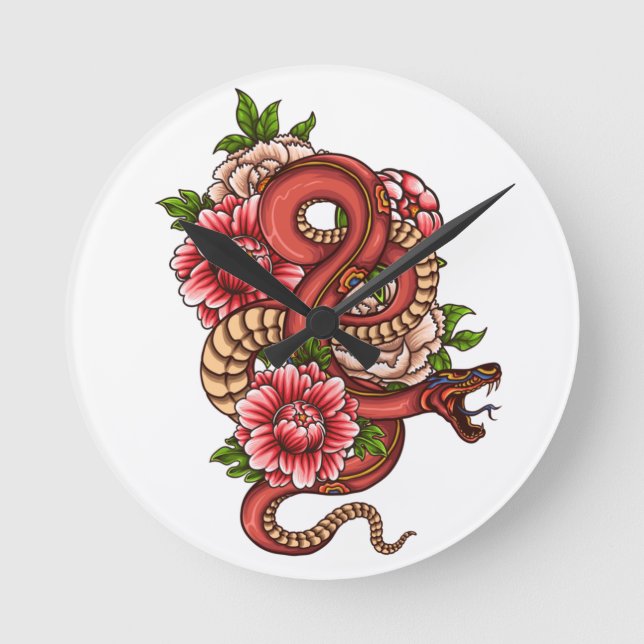 Horloge Ronde Dragon floral rose et noir à l'horloge ronde (Recto)