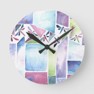 Horloge Ronde Dragonfly Watercolor Pastel